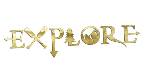 Naklejka EXPLORE - motyw góry i przygoda - napis na auto i kampera złoty chrom