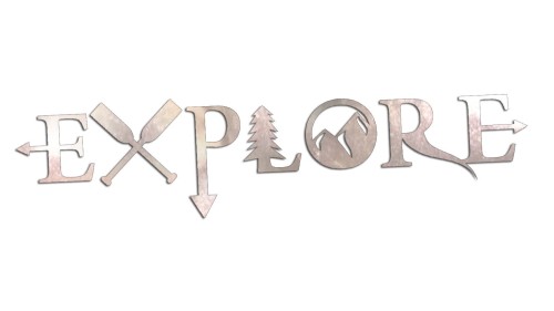 Naklejka EXPLORE - motyw góry i przygoda - napis na auto i kampera chrom