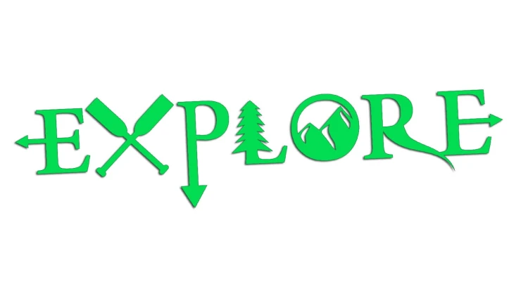 Naklejka EXPLORE - motyw góry i przygoda - napis na auto i kampera zielony neon