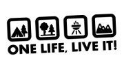 Naklejka One Life Live It - camping las grill góry - wlepka na kampera i auto terenowe czarna