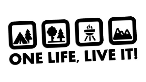 Naklejka One Life Live It - camping las grill góry - wlepka na kampera i auto terenowe czarna