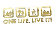 Naklejka One Life Live It - camping las grill góry - wlepka na kampera i auto terenowe złoty chrom