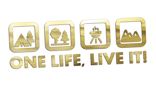 Naklejka One Life Live It - camping las grill góry - wlepka na kampera i auto terenowe złoty chrom