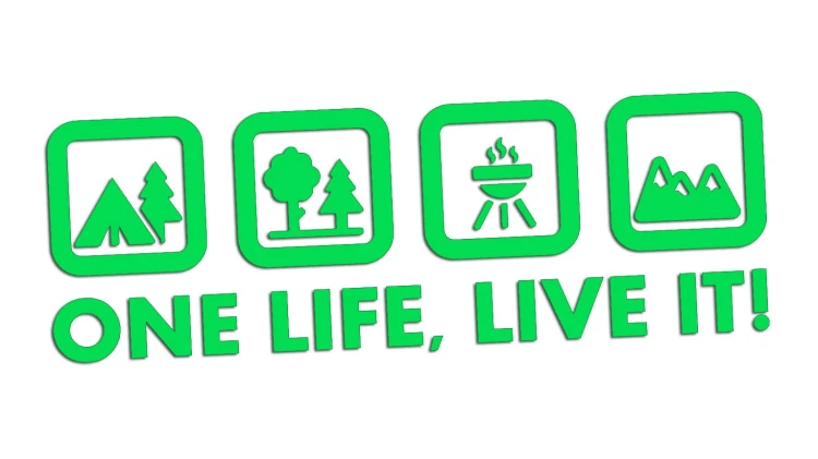 Naklejka One Life Live It - camping las grill góry - wlepka na kampera i auto terenowe zielony neon