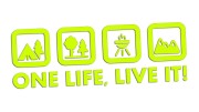 Naklejka One Life Live It - camping las grill góry - wlepka na kampera i auto terenowe żółty neon
