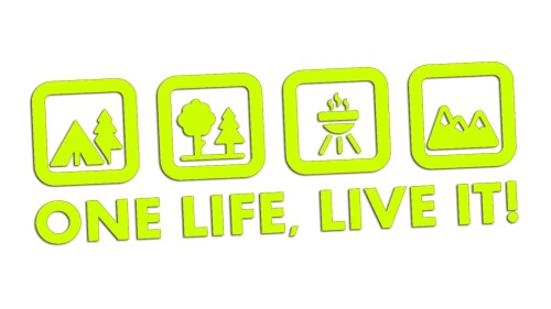 Naklejka One Life Live It - camping las grill góry - wlepka na kampera i auto terenowe żółty neon