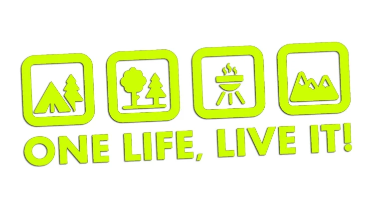 Naklejka One Life Live It - camping las grill góry - wlepka na kampera i auto terenowe żółty neon