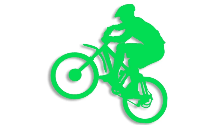 Naklejka rowerowa na szybę i karoserię - rowerzysta skaczący na rowerze zielony neon
