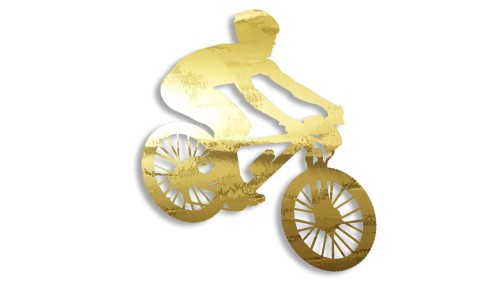 Naklejka rowerowa na szybę i karoserię - rowerzysta skaczący na rowerze złoty chrom