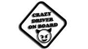 Naklejka crazy driver on board, szalony kierowca w aucie - diabeł diabełek czarna