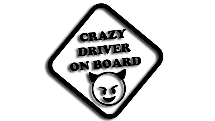 Naklejka crazy driver on board, szalony kierowca w aucie - diabeł diabełek czarna