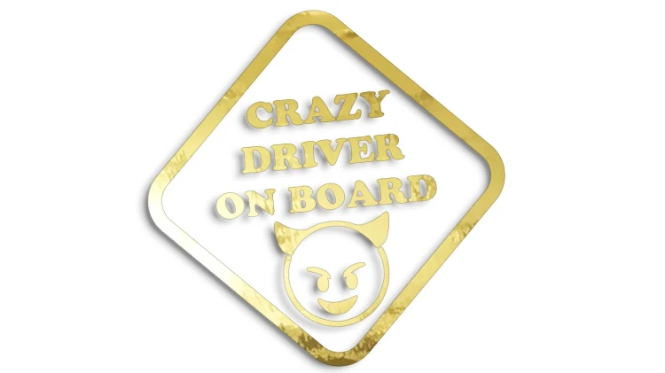 Naklejka crazy driver on board, szalony kierowca w aucie - diabeł diabełek złoty chrom