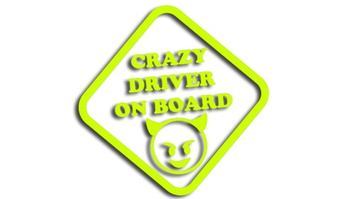 Naklejka crazy driver on board, szalony kierowca w aucie - diabeł diabełek żółty neon