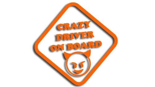 Naklejka crazy driver on board, szalony kierowca w aucie - diabeł diabełek pomarańczowy neon