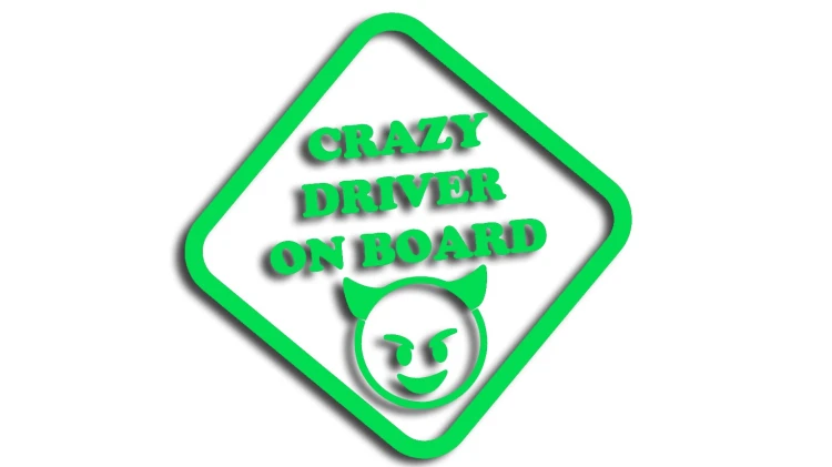 Naklejka crazy driver on board, szalony kierowca w aucie - diabeł diabełek zielony neon