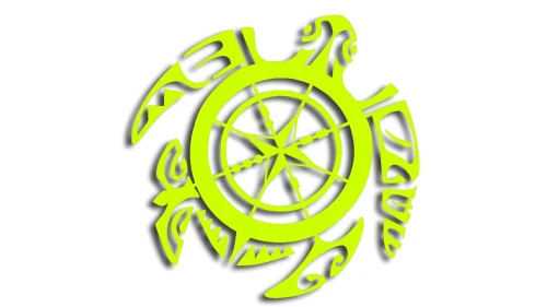 Naklejka żółw polinezyjski z kompasem - motyw tribal róża wiatrów - na auto motor - żółty neon