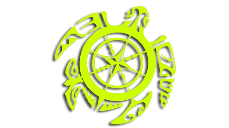 Naklejka żółw polinezyjski z kompasem - motyw tribal róża wiatrów - na auto motor - żółty neon