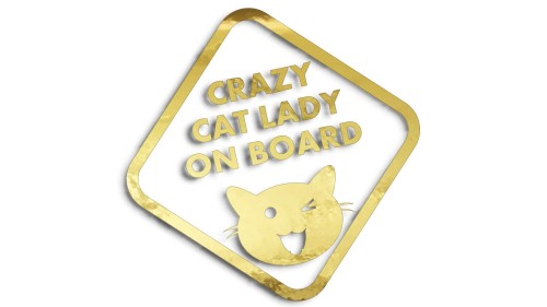 Naklejka Crazy Cat Lady on Board - śmieszna wlepka na auto dla kociary - znak ostrzegawczy z kotem złoty chrom