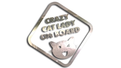 Naklejka Crazy Cat Lady on Board - śmieszna wlepka na auto dla kociary - znak ostrzegawczy z kotem chrom