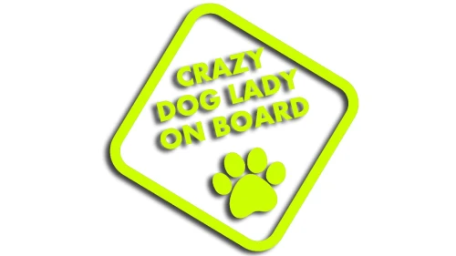 naklejka Crazy Dog Lady on Board - śmieszna wlepka na auto dla psiary - znak ostrzegawczy z łapą psa żółty neon
