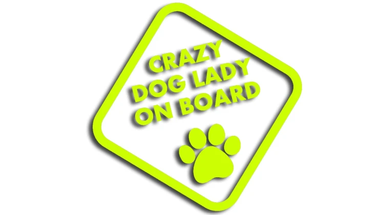 naklejka Crazy Dog Lady on Board - śmieszna wlepka na auto dla psiary - znak ostrzegawczy z łapą psa żółty neon