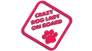 naklejka Crazy Dog Lady on Board - śmieszna wlepka na auto dla psiary - znak ostrzegawczy z łapą psa różowy neon