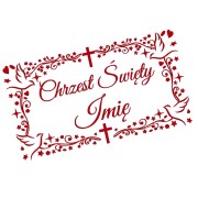 Naklejka CHRZEST ŚWIĘTY z Imieniem - Ozdobna Ramka - Gołąbki - Personalizowana - czerwona
