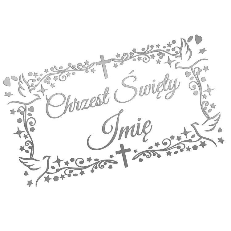 Naklejka CHRZEST ŚWIĘTY z Imieniem - Ozdobna Ramka - Gołąbki - Personalizowana - srebrna