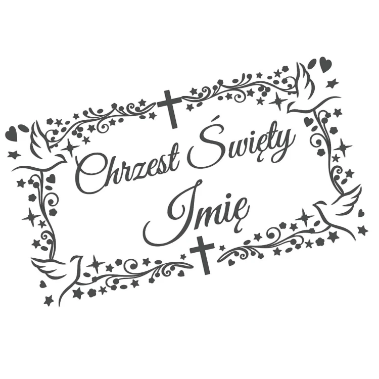 Naklejka CHRZEST ŚWIĘTY z Imieniem - Ozdobna Ramka - Gołąbki - Personalizowana - grafitowa