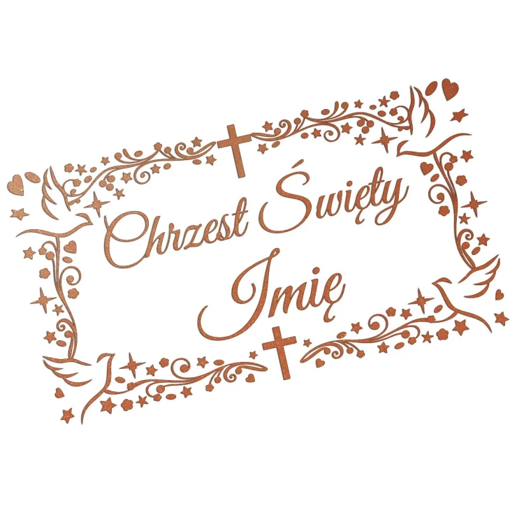 Naklejka CHRZEST ŚWIĘTY z Imieniem - Ozdobna Ramka - Gołąbki - Personalizowana - miedziana