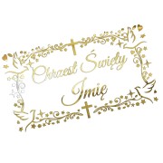 Naklejka CHRZEST ŚWIĘTY z Imieniem - Ozdobna Ramka - Gołąbki - Personalizowana - złoty chrom