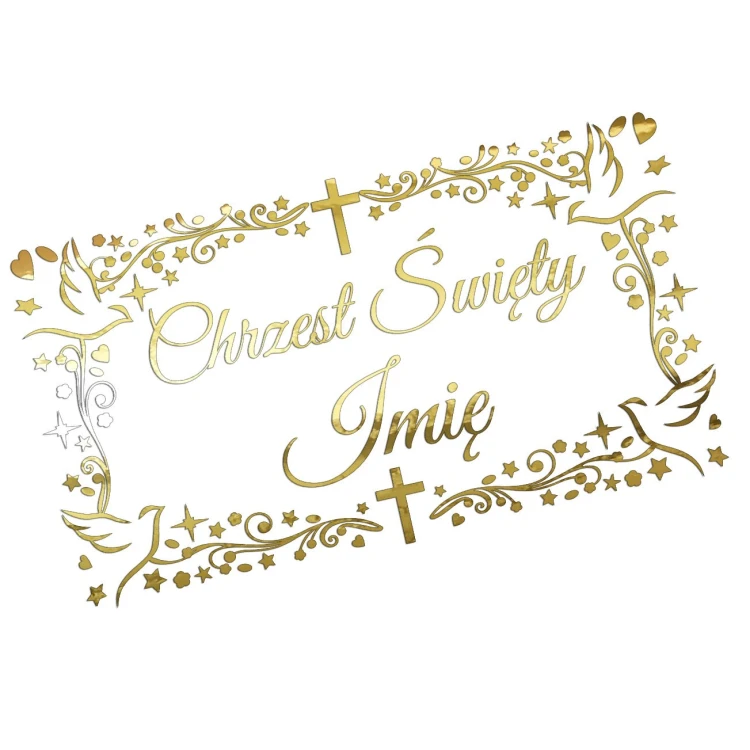Naklejka CHRZEST ŚWIĘTY z Imieniem - Ozdobna Ramka - Gołąbki - Personalizowana - złoty chrom