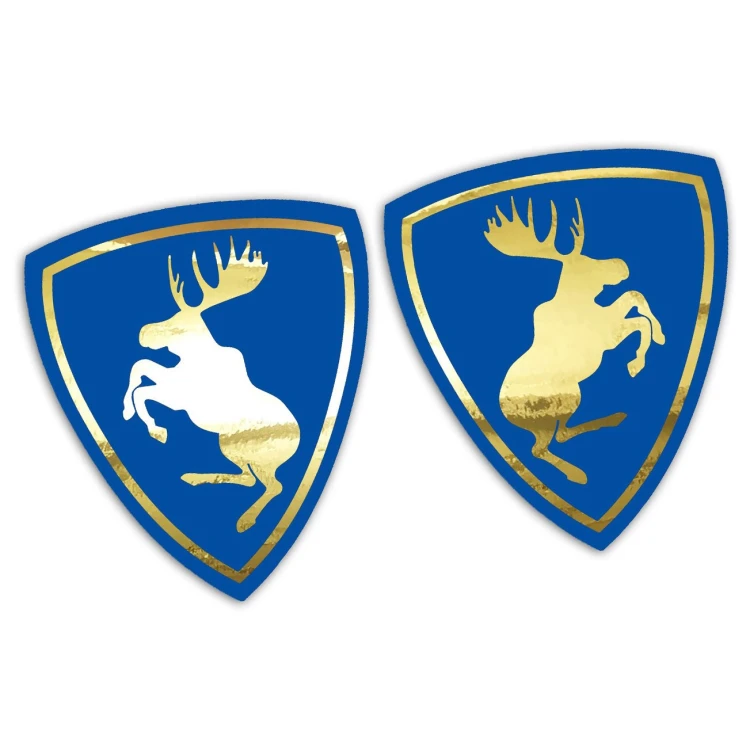 Naklejki ŁOŚ VOLVO Prancing Moose - niebieski Mat + złoty Chrom - Komplet Lewa/Prawa