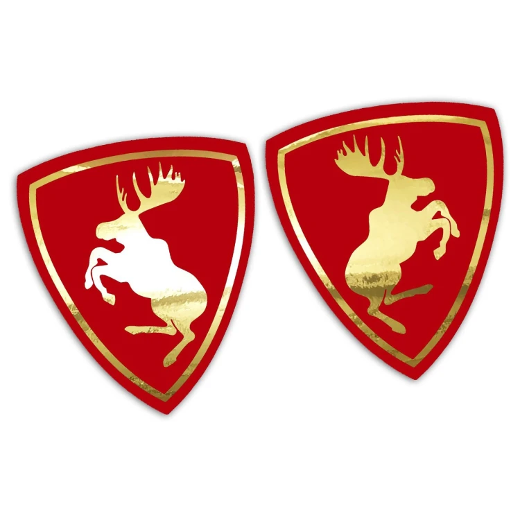 Naklejki ŁOŚ VOLVO Prancing Moose - Czerwony Mat + złoty Chrom - Komplet Lewa/Prawa