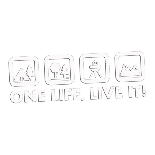 Naklejka One Life Live It - camping las grill góry - wlepka na kampera i auto terenowe biała