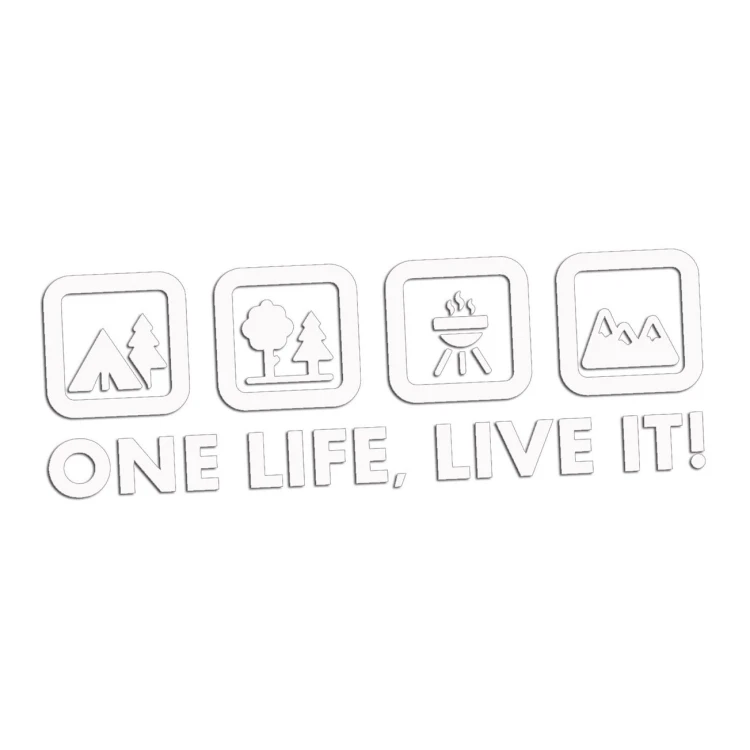 Naklejka One Life Live It - camping las grill góry - wlepka na kampera i auto terenowe biała