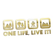 Naklejka One Life Live It - camping las grill góry - wlepka na kampera i auto terenowe złoty chrom
