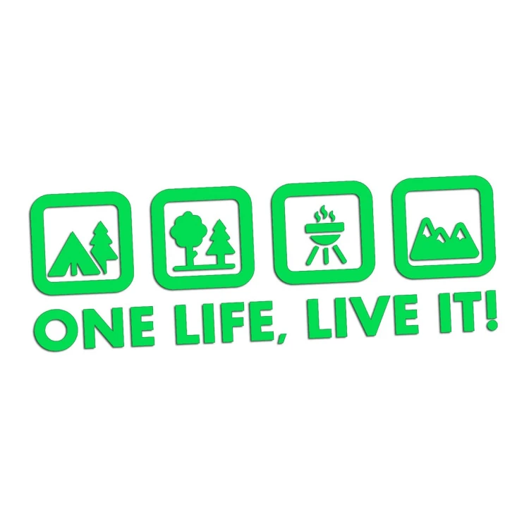 Naklejka One Life Live It - camping las grill góry - wlepka na kampera i auto terenowe zielony neon