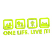 Naklejka One Life Live It - camping las grill góry - wlepka na kampera i auto terenowe żółty neon