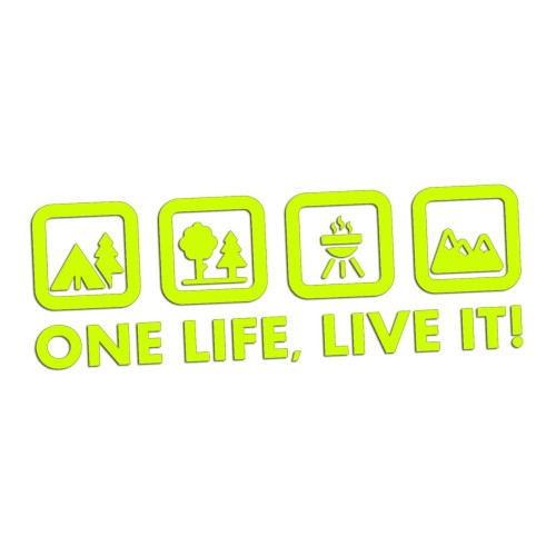 Naklejka One Life Live It - camping las grill góry - wlepka na kampera i auto terenowe żółty neon