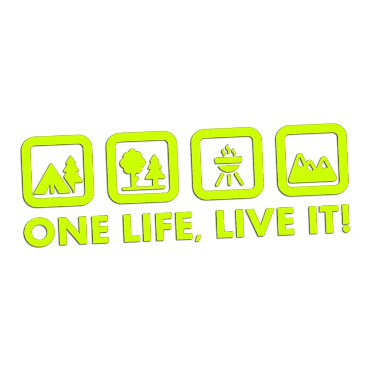 Naklejka One Life Live It - camping las grill góry - wlepka na kampera i auto terenowe żółty neon