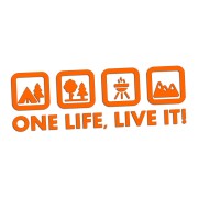 Naklejka One Life Live It - camping las grill góry - wlepka na kampera i auto terenowe pomarańczowy neon