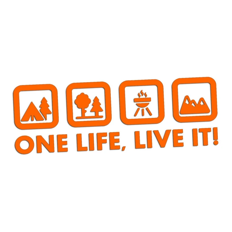 Naklejka One Life Live It - camping las grill góry - wlepka na kampera i auto terenowe pomarańczowy neon