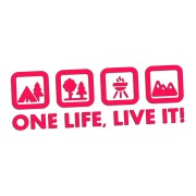 Naklejka One Life Live It - camping las grill góry - wlepka na kampera i auto terenowe różowy neon