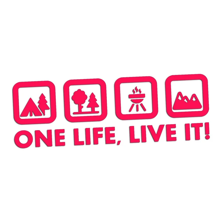 Naklejka One Life Live It - camping las grill góry - wlepka na kampera i auto terenowe różowy neon