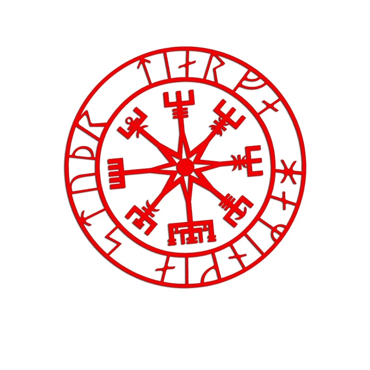 Naklejka KOMPAS WIKINGÓW VEGVISIR - LOS SPRZYJA ODWAŻNYM czerwony neon