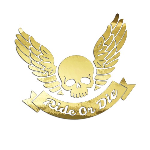 Naklejka RIDE OR DIE Czaszka ze Skrzydłami - Na Auto / Moto / Kask - złoty chrom
