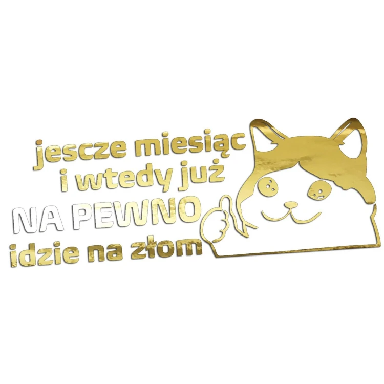 Naklejka JESZCZE MIESIĄC I WTEDY JUŻ NA PEWNO IDZIE NA ZŁOM - Kot Mem - Na Auto - złoty chrom