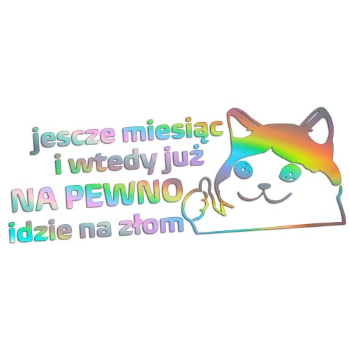 Naklejka JESZCZE MIESIĄC I WTEDY JUŻ NA PEWNO IDZIE NA ZŁOM - Kot Mem - Na Auto - holograficzna