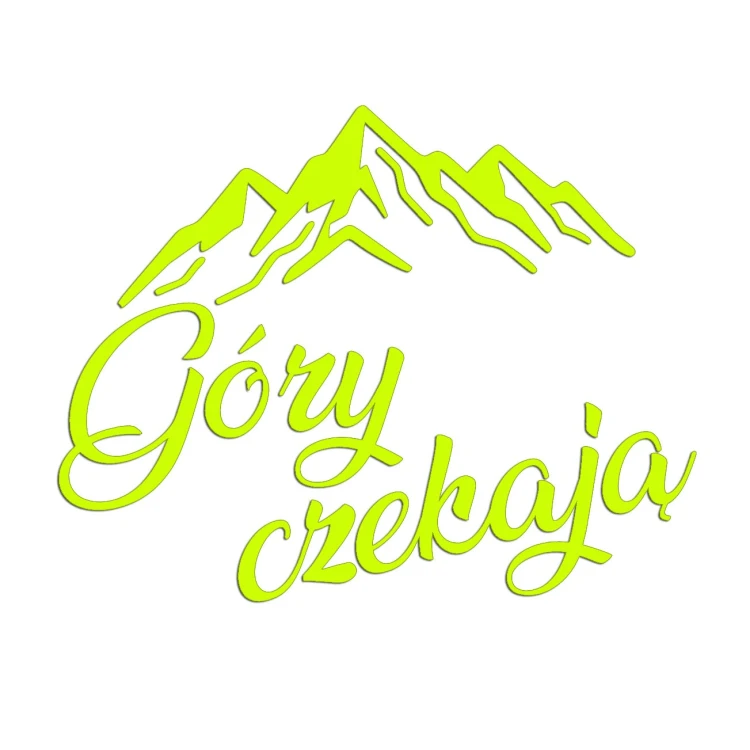 Naklejka GÓRY CZEKAJĄ - Pasmo Górskie / Kaligrafia - Camper / Auto - żółta neon